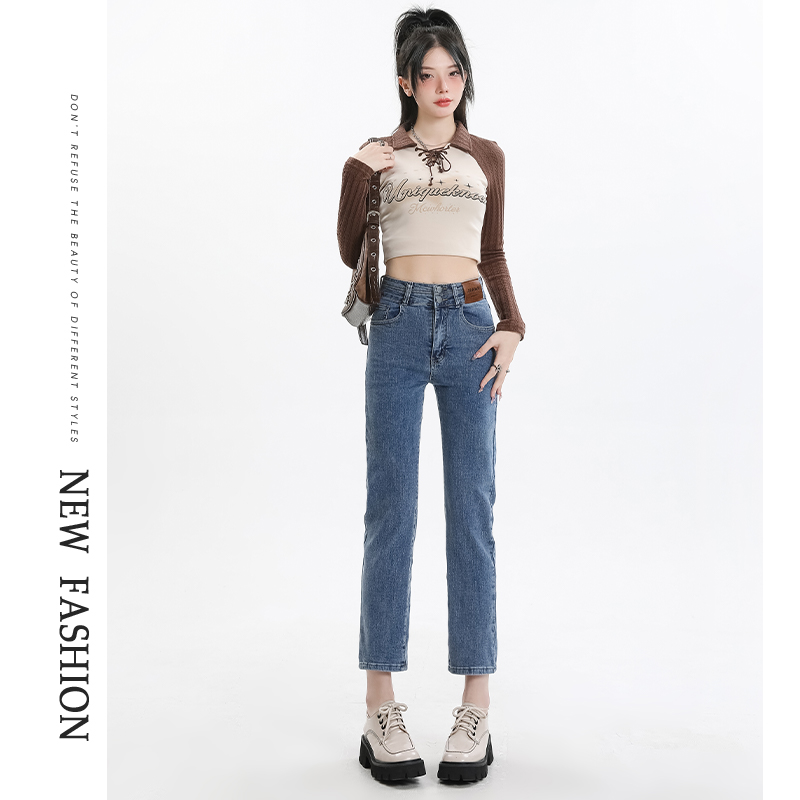 High-waisted cigarette jeans for women, new style, loose, slim and versatile, nine-point straight pants for small people