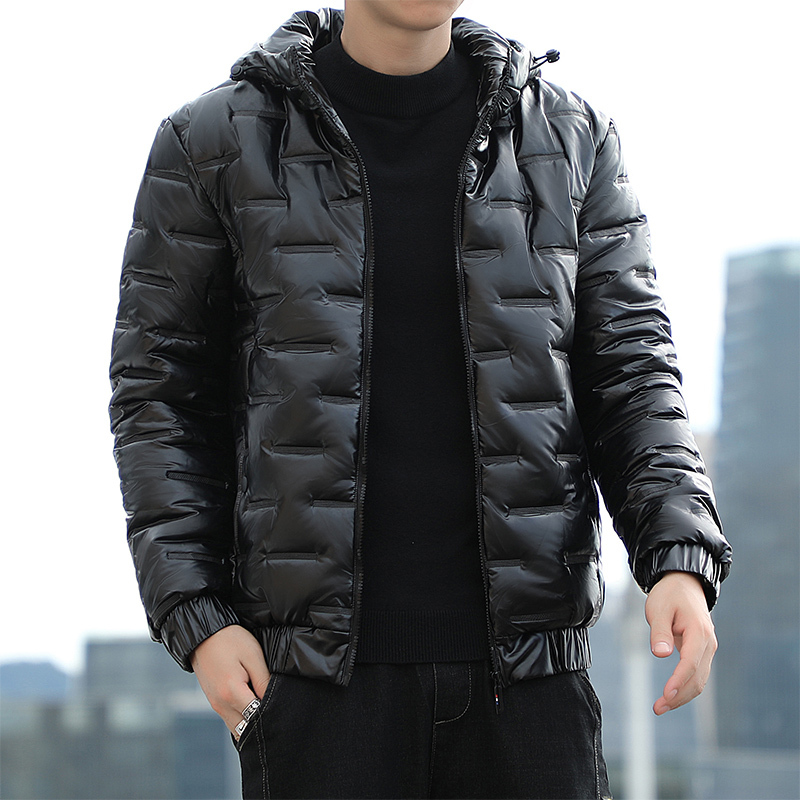 Winter men's new hooded jacket trendy casual shiny PU leather cotton coat short cotton jacket