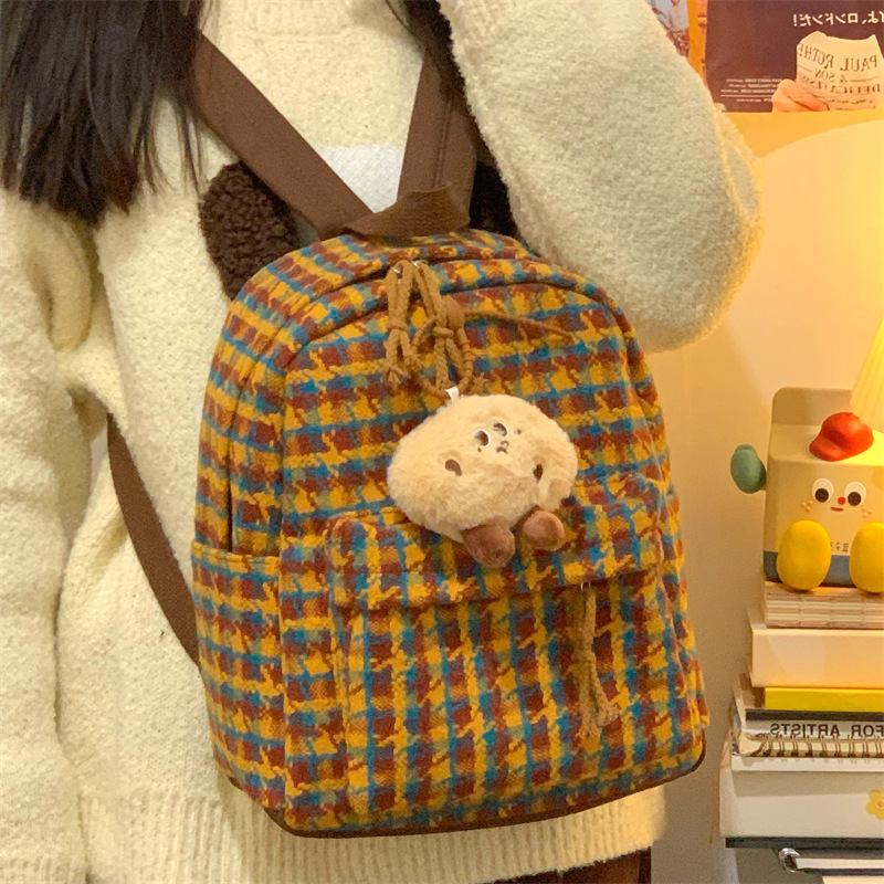 Japanese ins houndstooth backpack autumn and winter woolen bag for women niche design versatile cute student small school bag