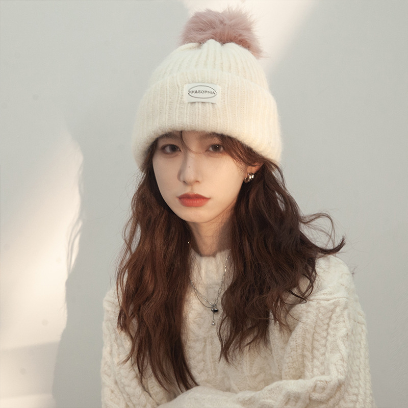 Wool blended hat for women winter warm knitted hat cute fur ball Korean style casual thickened large head circumference woolen hat