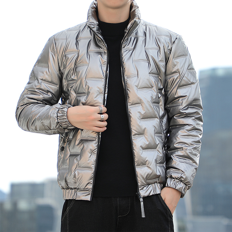 Winter men's new coat stand collar trendy casual shiny cotton coat short PU leather cotton jacket