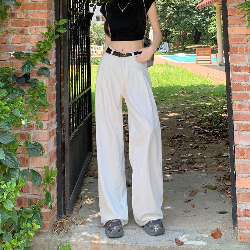 American white casual wide-leg pants for women, designer high-waisted jeans, fashionable pleated trousers