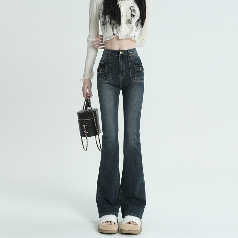 Stretch flared denim high waist Korean American style multi-pocket design