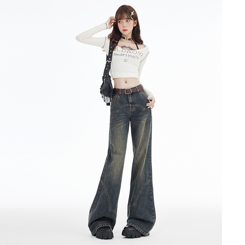 American retro loose-fitting design, versatile low-waisted wide-leg pants with a slight flare