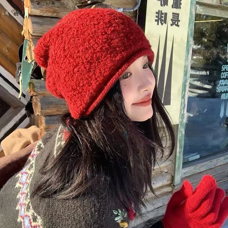 Korean version solid color pile hat knitted hat women's autumn and winter trend all-match warm ear protection woolen hat cold hat trend