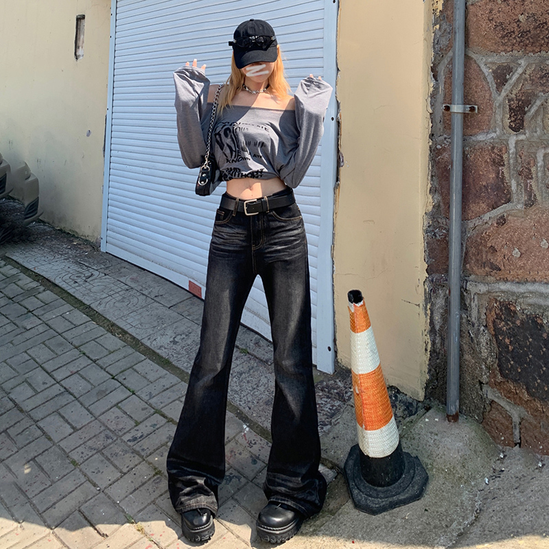 Dark gray micro-flared jeans for women, designer high street American retro high-waisted slim floor-length trousers trendy