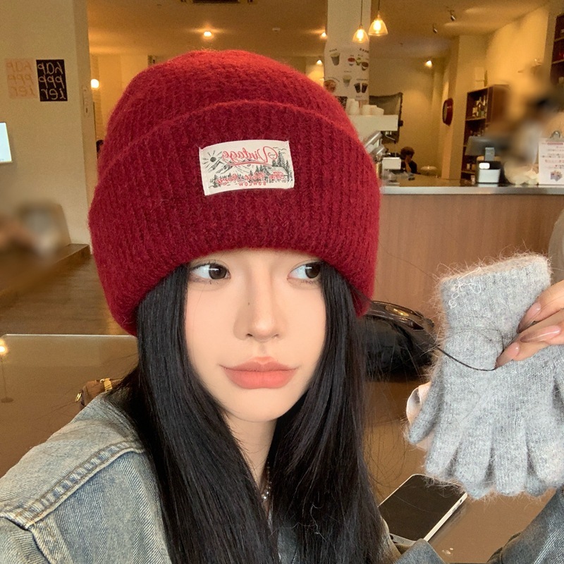 American retro patch wool blended knitted hat for women autumn and winter fashion casual woolen hat warm ear protection cold hat