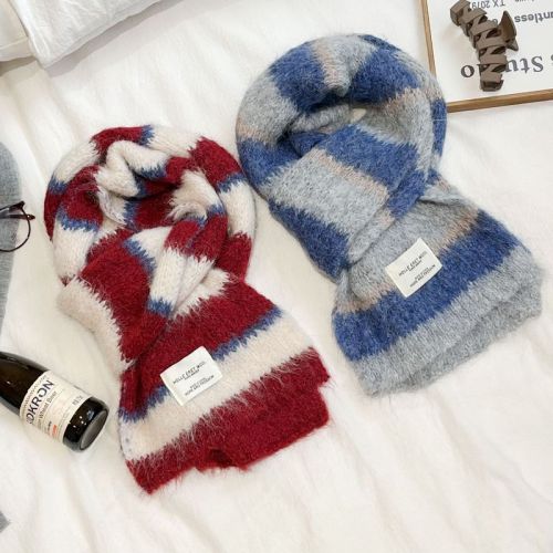 2024 new style dopamine striped color-blocking knitted warm scarf for women, high-end neck scarf and neck protector for students, versatile and trendy