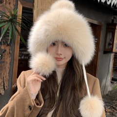 Real fox fur knitted hat for women in autumn and winter Korean style warm plus velvet cycling ear protection Lei Feng hat cute fur ball woolen hat