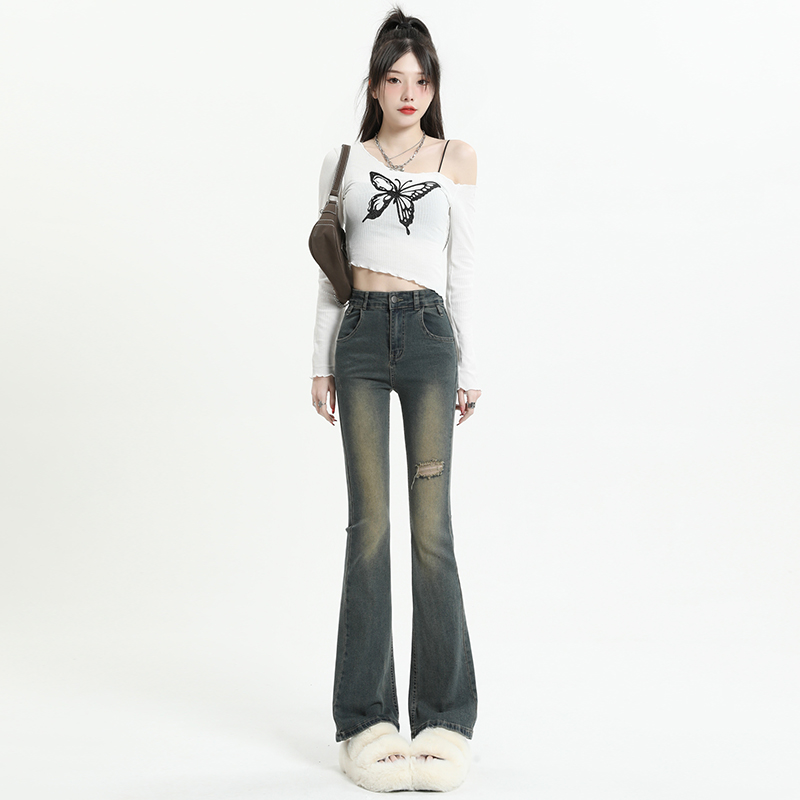Distressed Micro-Boom Retro Style Stretch Flared Hot Girl Jeans for Women