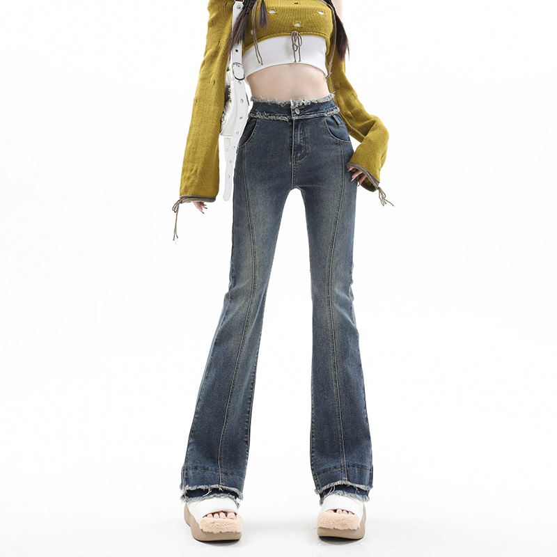 Slightly flared jeans for women, niche high-waist slim horse hoof pants for small people, high street ins trend