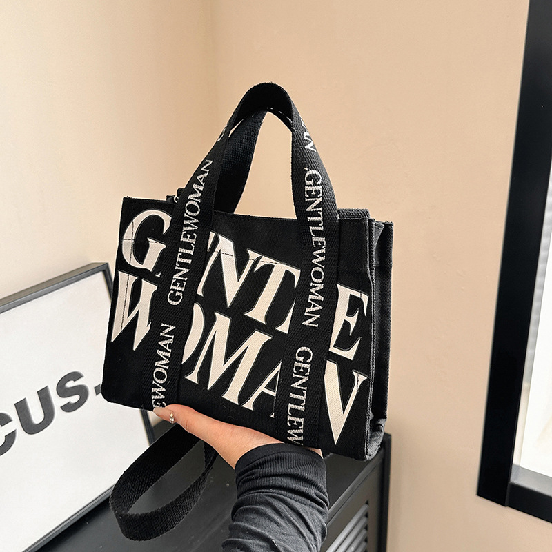 Simple personalized letter printed portable canvas bag 2024 new Gentle Woman casual shoulder bag