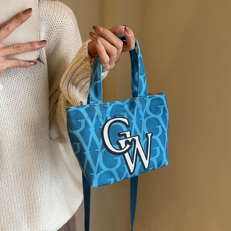 Gentle Woman painted cartoon letter printed mini canvas bag texture mobile phone vegetable basket shoulder bag
