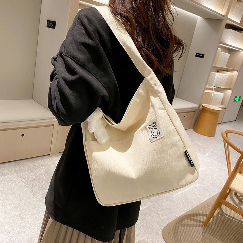 New smiley face canvas bag wholesale large capacity washable shoulder bag daily versatile handbag cute bag