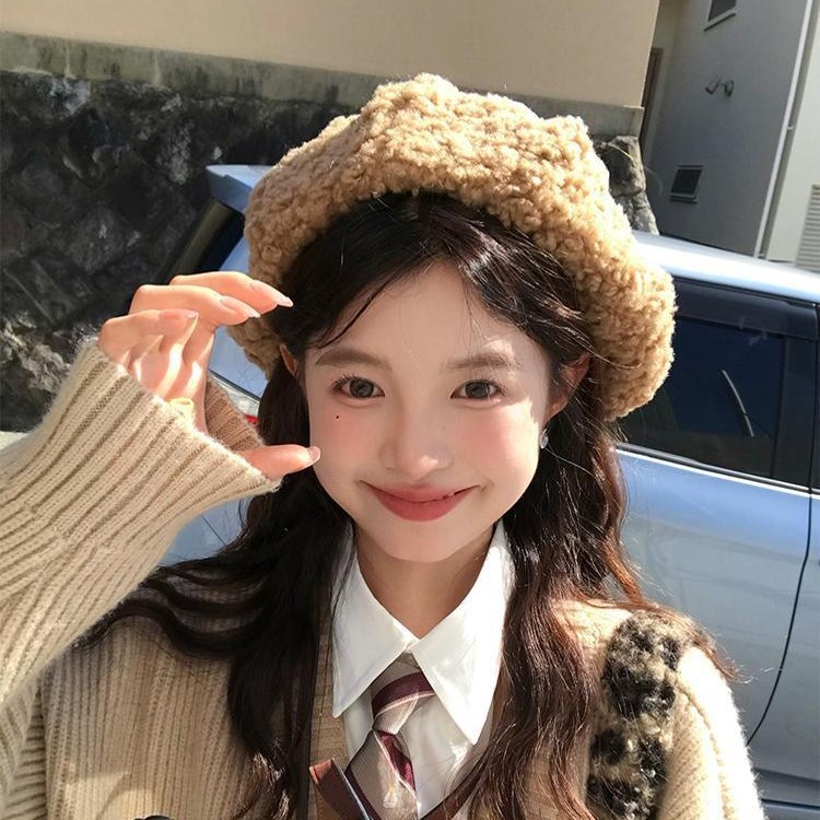 Forest atmosphere bow lamb hair beret autumn and winter ins Korean version face-showing little painter hat versatile bud