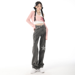 Hot girl hot diamond five-pointed star niche design pants ins high street fashion straight wide leg high waist jeans