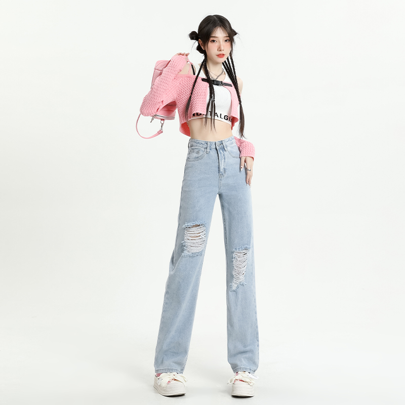 Hot girl ripped straight jeans female high waist high street fashion ins beggar personality hiphop hits the street