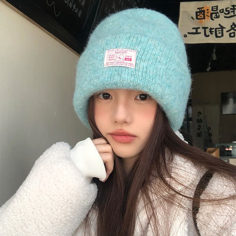 Japanese simple patch wool knitted hat women's autumn and winter casual all-match woolen hat thickened warm ear protection cold hat