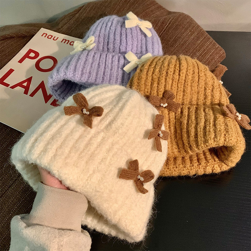 Sweet and Cute Bow Knitted Wool Hat for Women 2024 Autumn and Winter Versatile Hat Warm Ear Protection Baotou Hat
