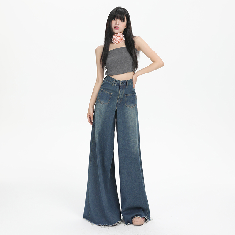Hot girl high-waisted slimming crotch-covering wide-leg jeans for women washed retro casual all-match floor-length trousers