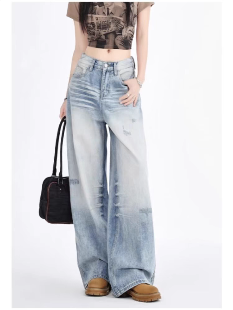 American crease washed low-waisted wide-leg jeans for women high street retro light-colored drapey ripped loose floor-length mopping pants