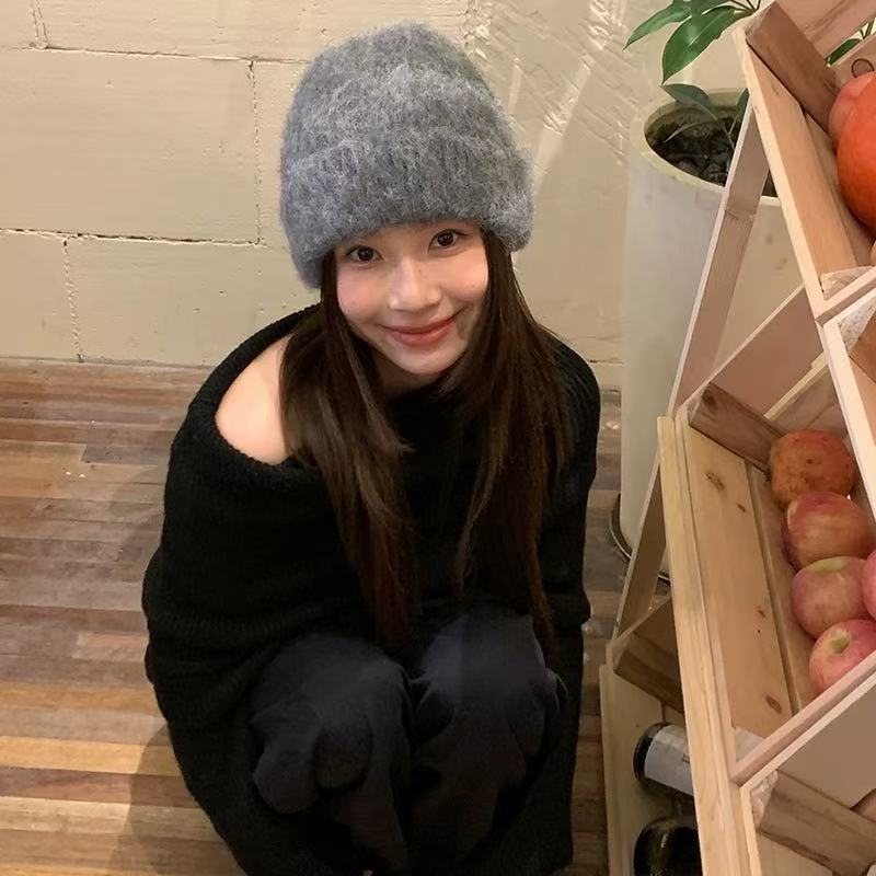 Brushing process warm thickened knitted hat wool knitted plush hat women's winter set cold hat men's and women's woolen hat