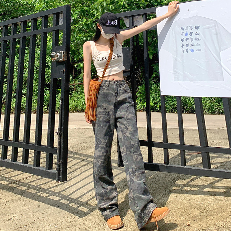 American retro hiphop camouflage sweet and spicy overalls women's street hip-hop loose wide-leg pants casual pants trendy