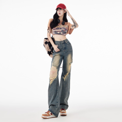 American retro ripped jeans art student style high street vibe style loose slimming wide leg jeans