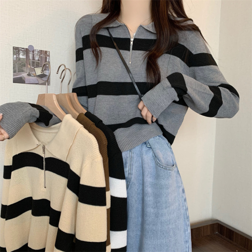 Striped autumn and winter sweaters women's new design niche this year's popular short style unique and chic tops