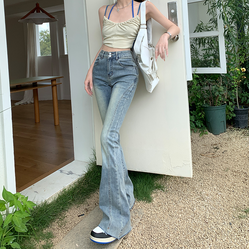Spliced ​​heavy-duty double-button ultra-wide-leg elastic flared denim