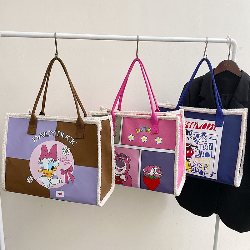 Cartoon Strawberry Bear Canvas Tote Bag 2024 New Portable Lunch Bag Going Out Hand Bag Commuting Shoulder Bag