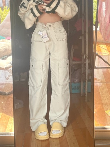 American retro street multi-pocket work jeans for women, loose high-waisted straight wide-leg casual trousers trendy