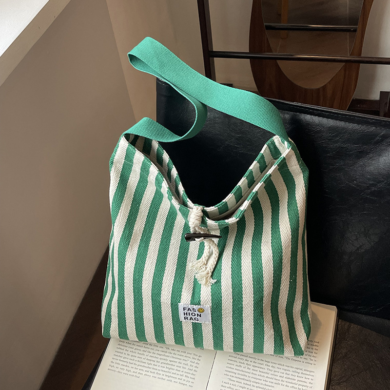 Summer new striped canvas shoulder bag large capacity commuter tote bag lazy style handbag internet celebrity bag