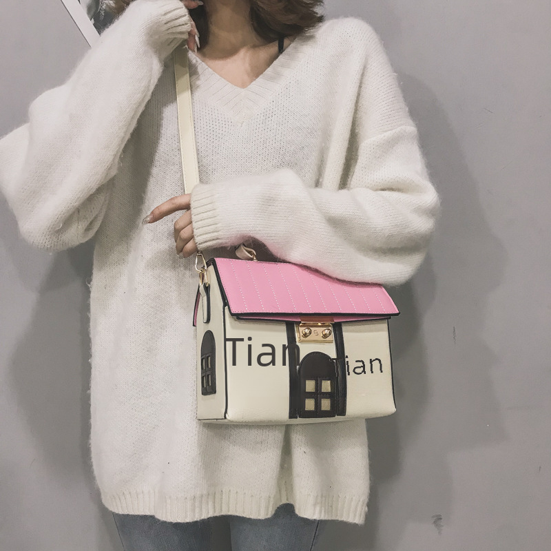 Foreign trade new contrast color creative funny little house messenger bag cartoon cute little house handbag personalized women's bag