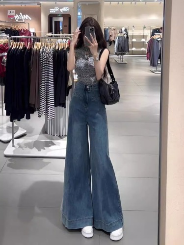 Retro Blue Loose Big Flare Jeans Women's Thin Summer High Waisted Narrow Version Floor-Mopping Wide Leg Pants Slightly Raised