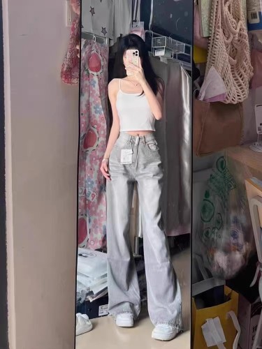 Gray washed white wide-leg jeans for women autumn new high-waisted slimming loose straight-leg floor-length mopping pants