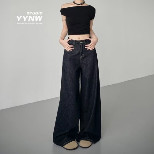 [High Quality] American Retro Dark Blue Wide Leg Jeans Women's Spring and Autumn High Waist Loose Draping Floor-Mopping Straight Leg Pants