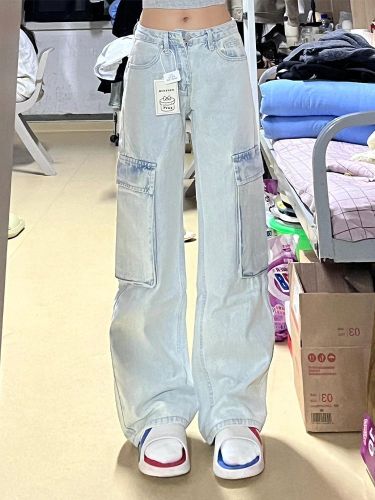 Light Blue Cargo Pocket Jeans Women's Spring and Autumn High Waist Hot Girl Casual Loose Slim Versatile Wide Leg Long Pants
