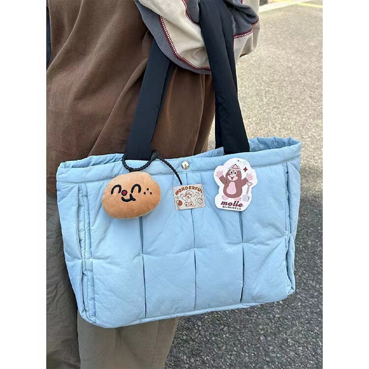 Lightweight cotton-filled soft and comfortable tote bag pleated foldable large-capacity shoulder handbag for class