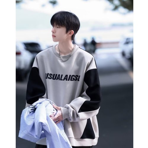 American round neck sweatshirt for men 300 pounds Japanese style spring and autumn new trendy brand design youth loose color matching bottoming shirt