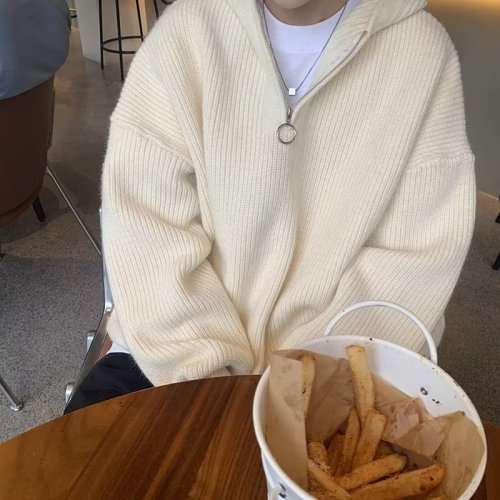 Half-zip hooded sweater for men in autumn and winter for couples loose trendy brand lazy style knitted sweater solid color simple casual sweater