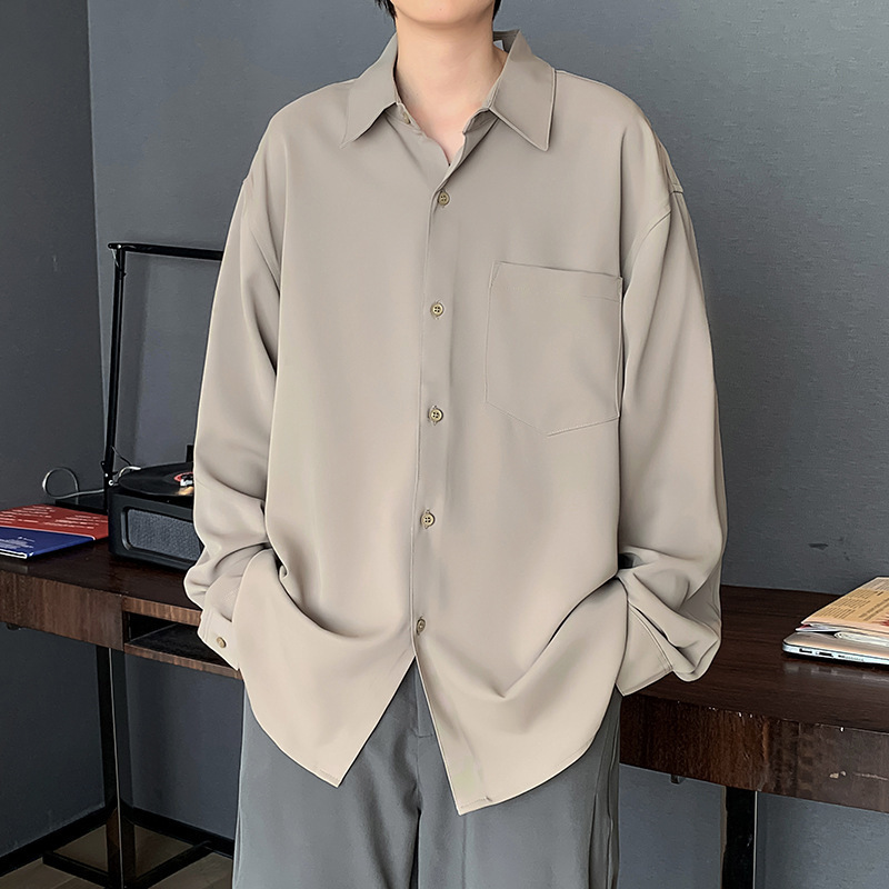 Foreign trade Hong Kong style ins solid color long-sleeved shirt for men spring new style loose drape outer wear design niche no-iron