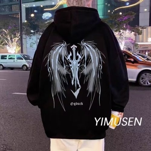 New American wing print hooded sweatshirt for boys, velvet thickened jacket, retro top for couples