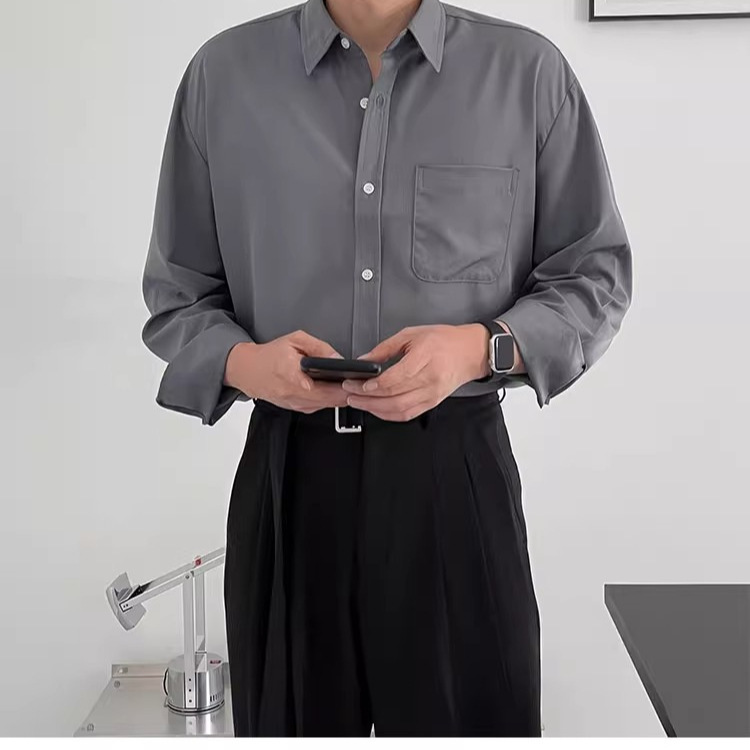 Spring and summer men's long-sleeved shirts business casual pocket shirts pure white work clothes