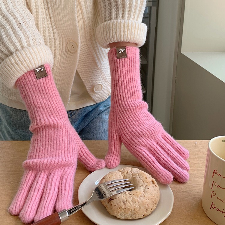 Extended Solid Color Versatile Knitted Gloves Women's Finger Warm Touch Screen Windproof Gloves