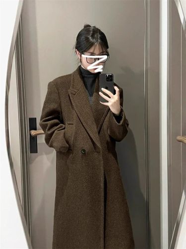 Korean style suit autumn and winter coffee color high-end woolen coat jacket new style over the knee thickened mid-length temperament woolen coat