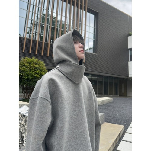 Heavy, thick, high-end design, stand-up collar, space cotton hooded sweatshirt for men, solid color, loose and versatile, trendy casual tops
