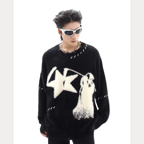 American Cartoon Soft Mink Plush Cute Jacquard Sweater Women's Autumn and Winter Couple Style Knitted Sweater Top
