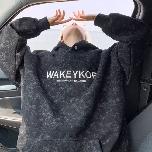 Tie-dye hooded sweatshirt men's autumn and winter velvet long-sleeved jacket trendy letter embroidery loose casual American clothes