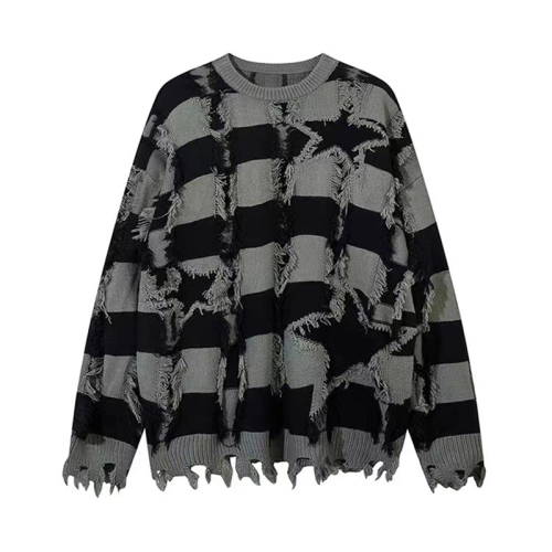 Trendy brand striped contrasting star hole sweater retro men's and women's all-match loose sweater ins